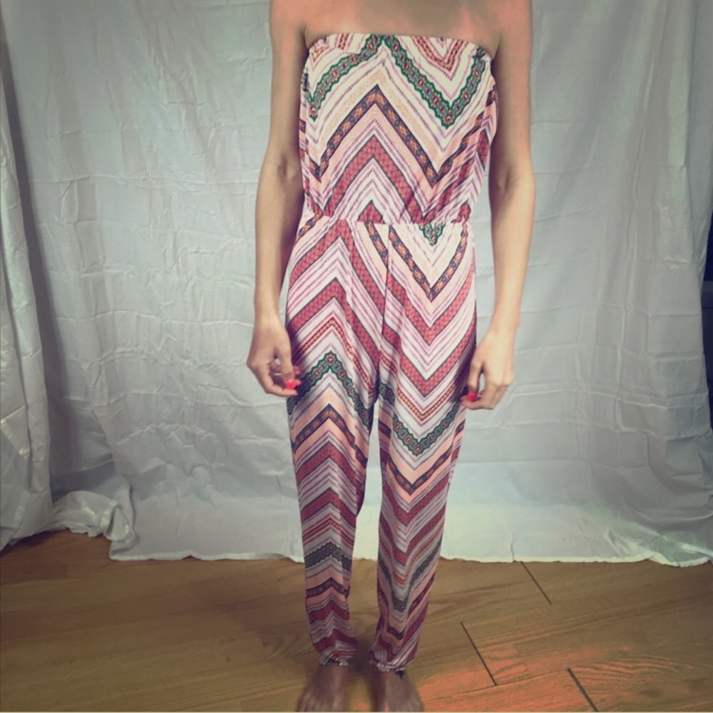 Pink Chevron Strapless Jumpsuit - Picture 2 of 4